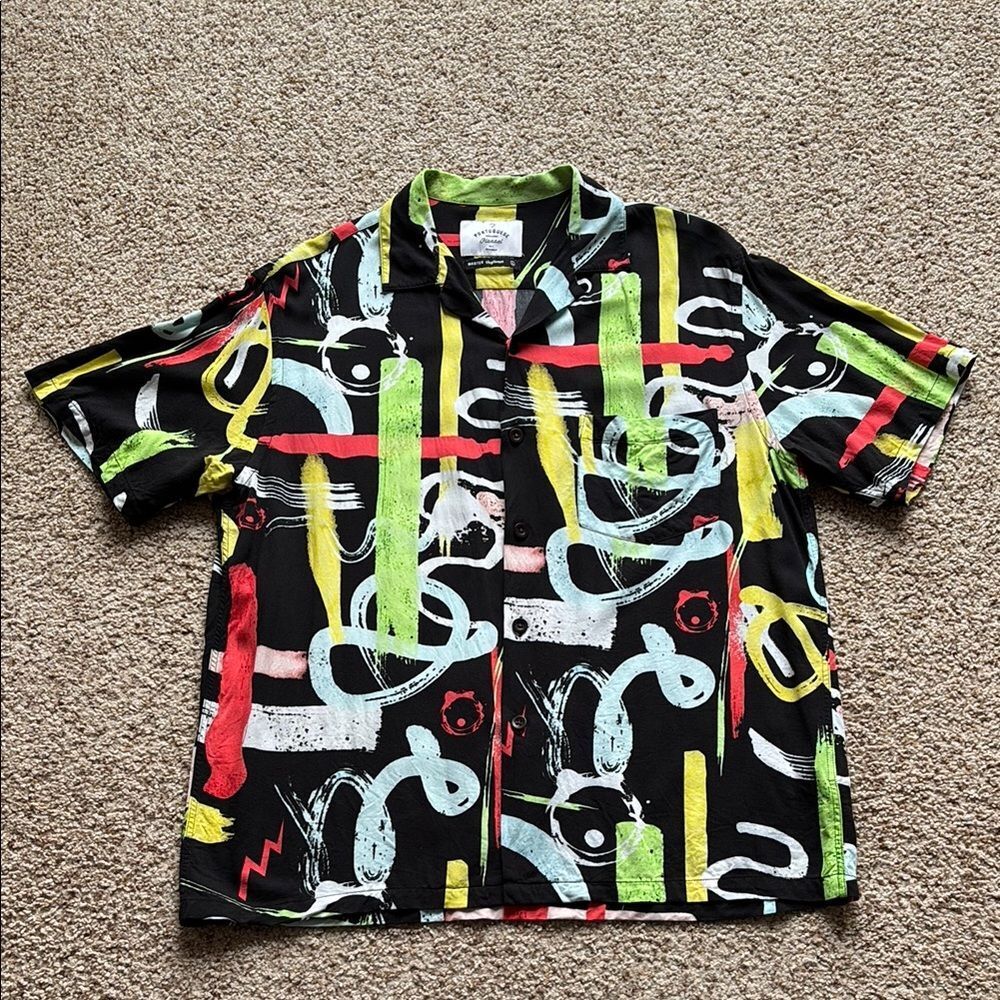 Portuguese Flannel Men’s Retro Abstract Modern Print S/S Loop Collar Camp Shirt